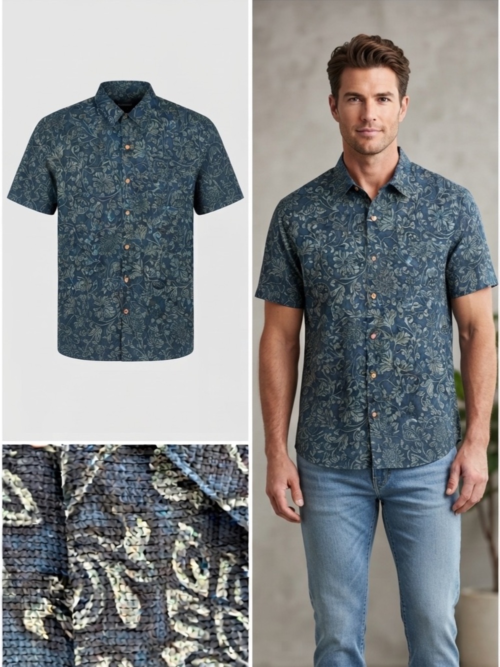 Brandini Mens Pure Silk Shirt Hawaiian Blue Green Button Up No-Iron Ease Camp XL